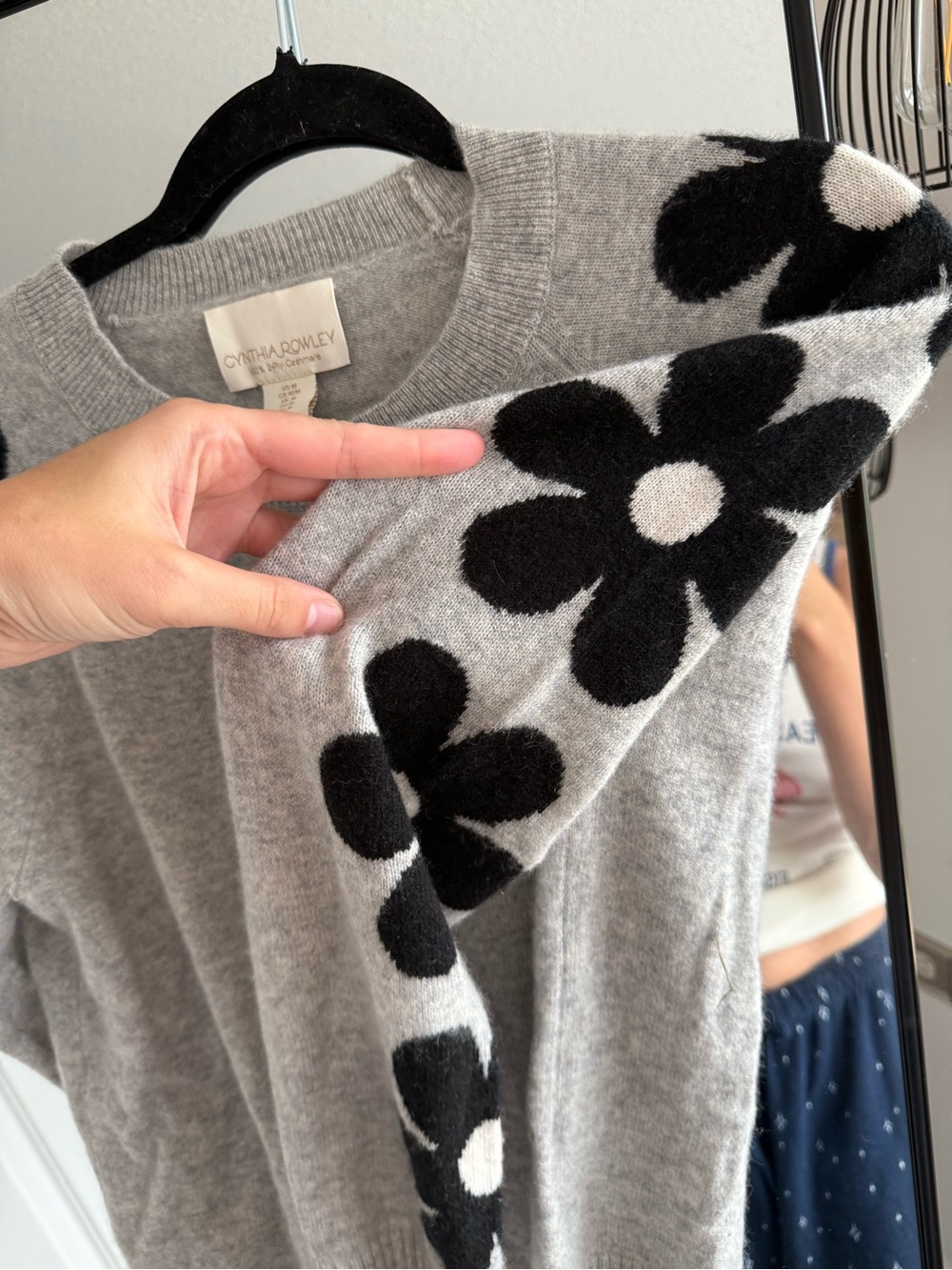 Cynthia Rowley Gray Crewneck Sweater with Black and White Floral Sleeves - Picture 5 of 5